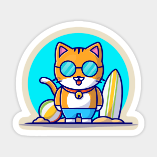 Cute Cat at Beach Cartoon Vector Icon Illustration Sticker